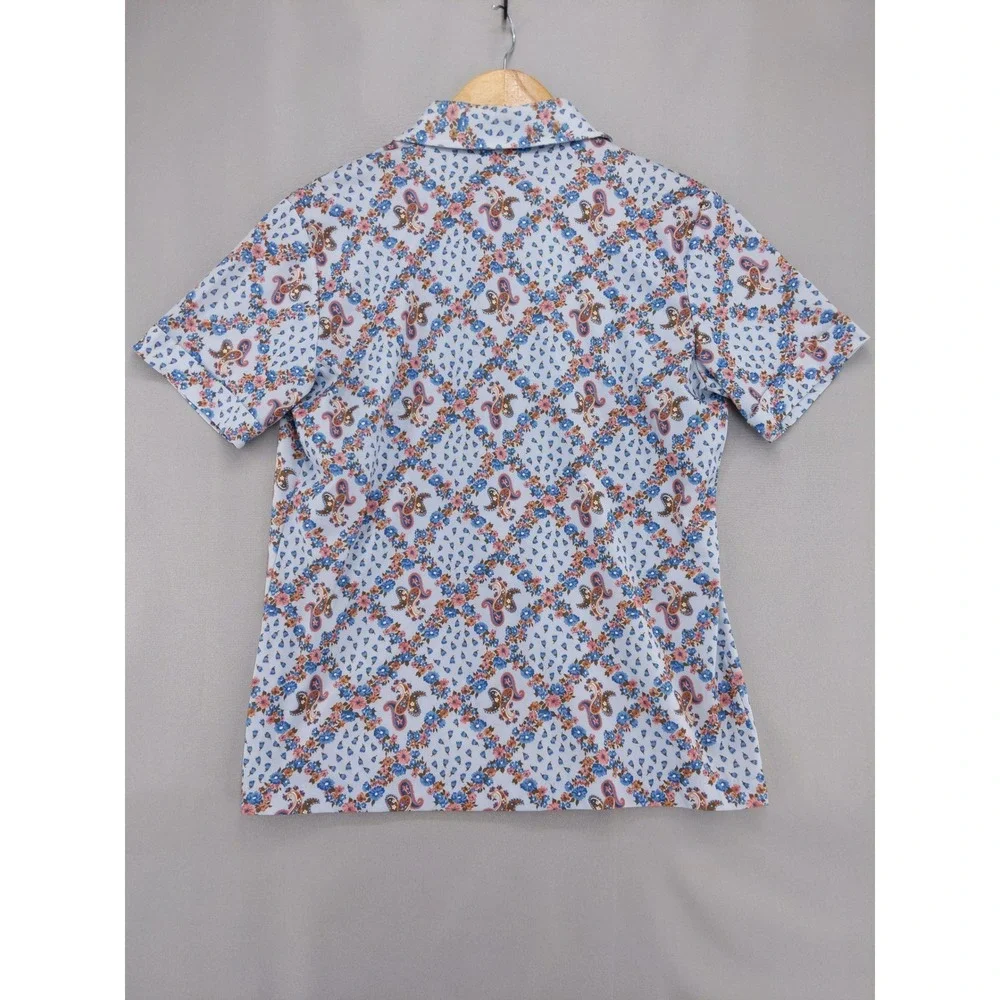 Vintage 70s Sears The Shirt Button Up Women 16 Blue Floral Paisley Short Sleeve